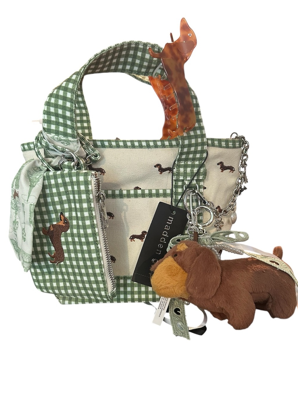 Madden Girl Brown Dachshund Tote Purse with Keychain Accessories- NWT
